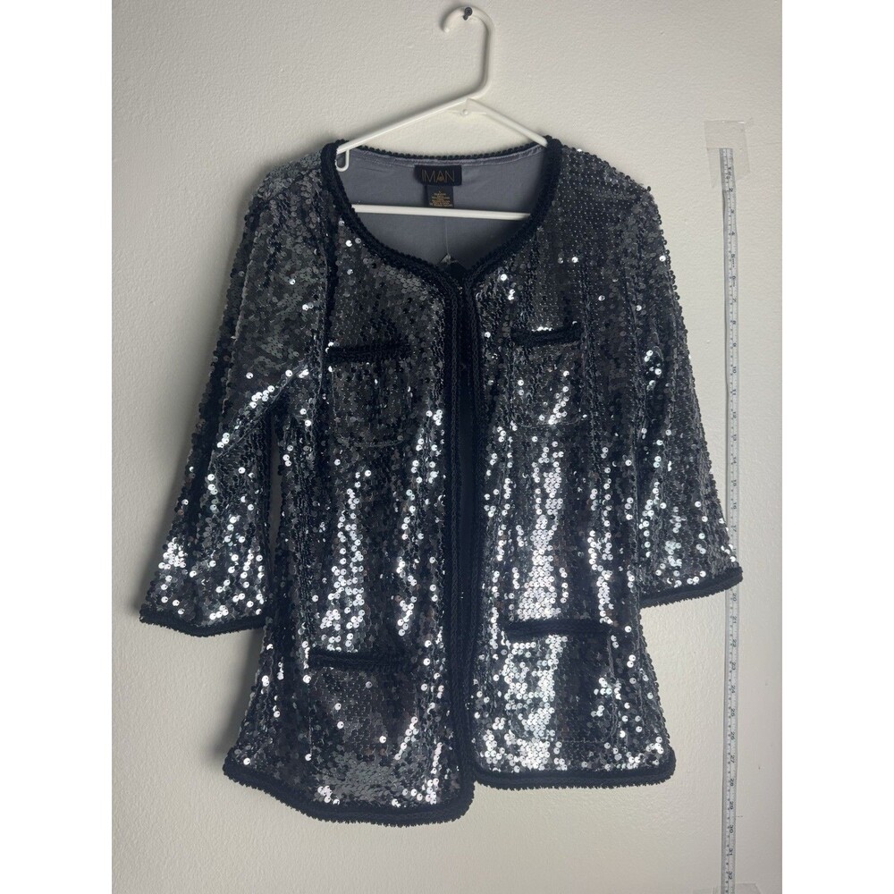 IMAN Black Sequin Jacket Women’s Large Evening Party Open Front Top NWT
